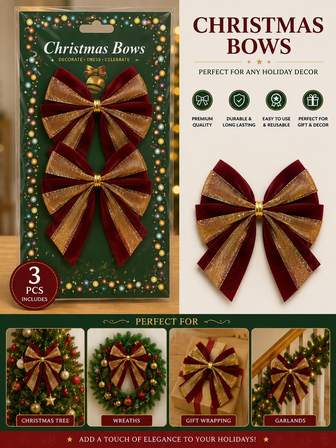 Christmas Decorative Bows – 3 Piece Set