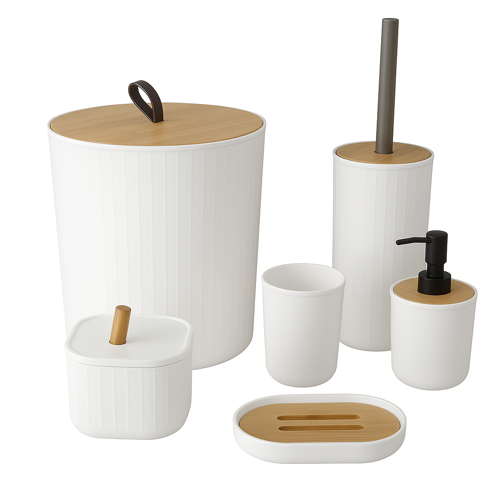 Piece Bathroom Accessory Set – White with Bamboo Accents