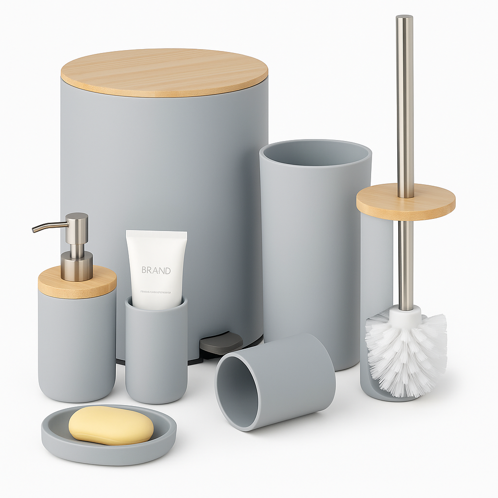 Bathroom Accessory Set – Gray with Bamboo Accents
