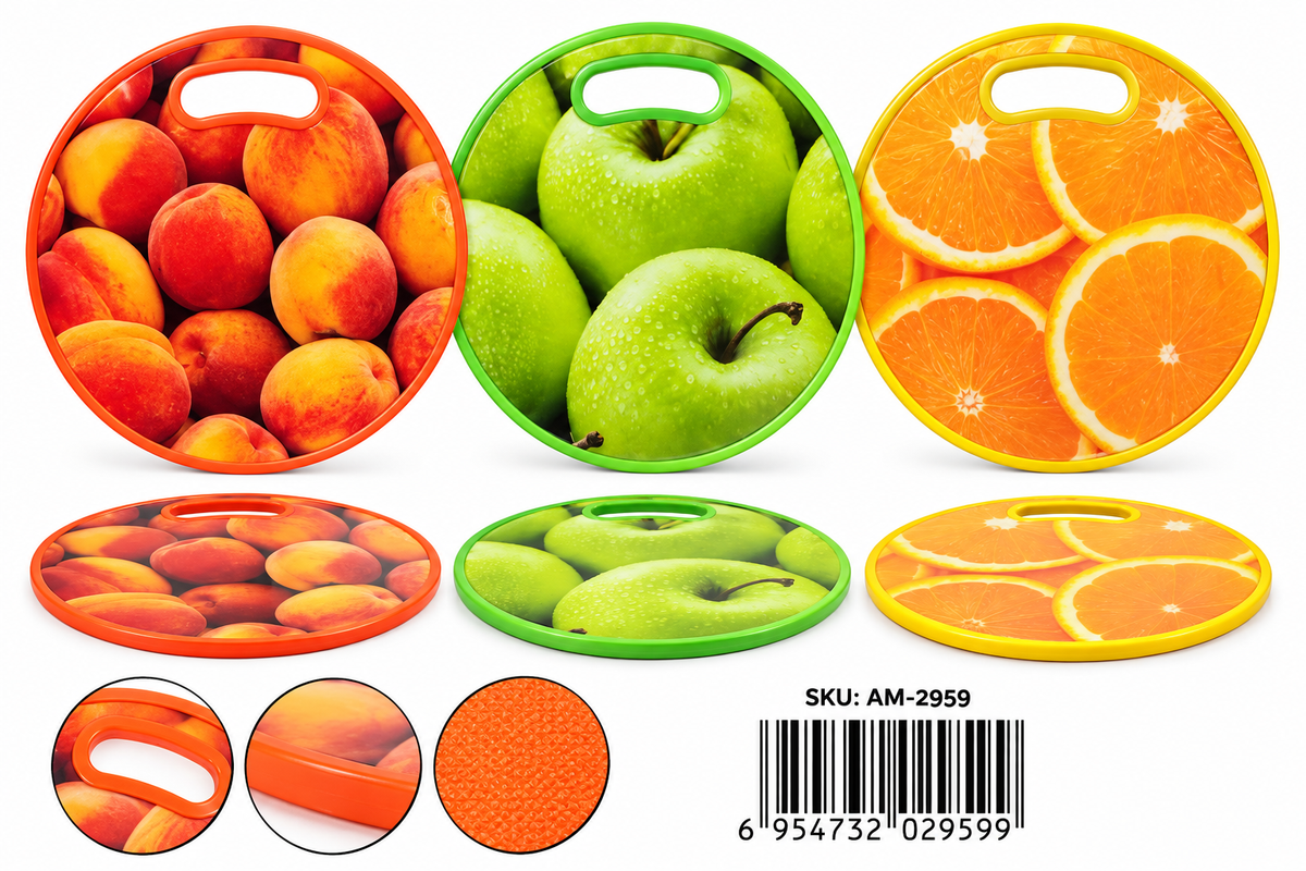 Round fruit print cutting boards - peach, green apple and orange