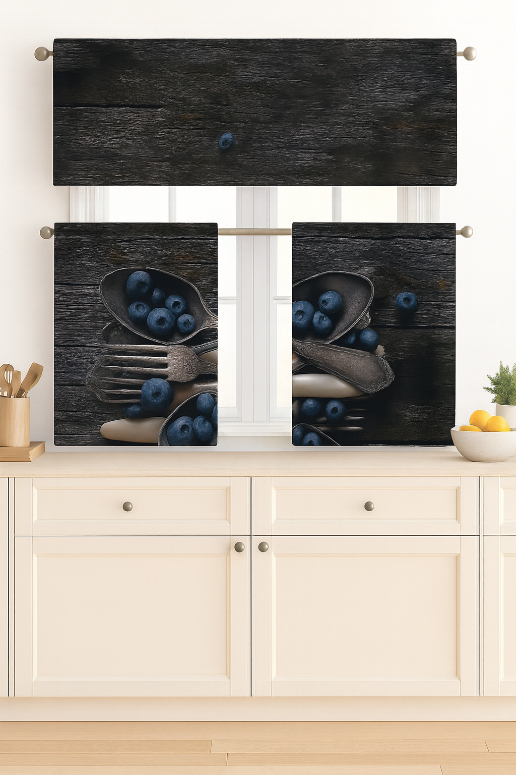 C&B Blueberry Rustic – Kitchen Curtain Set (3 Pieces)