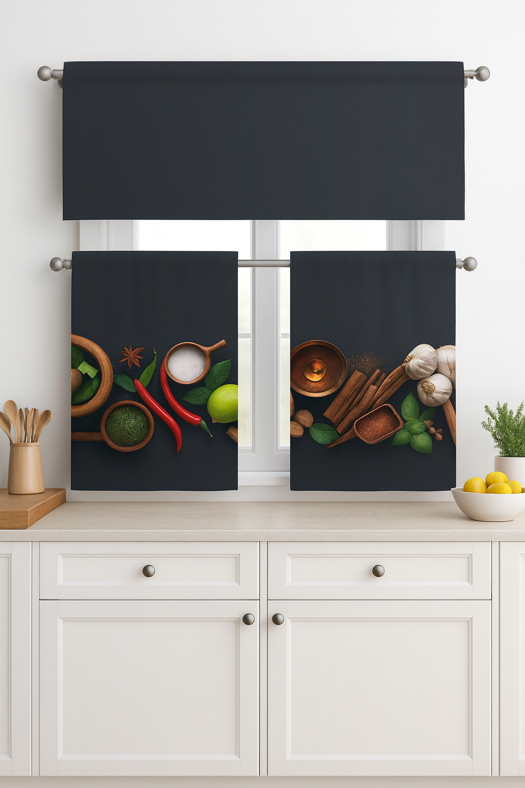 C&B Gourmet Herbs & Spices– Kitchen Curtain Set (3 Pieces)