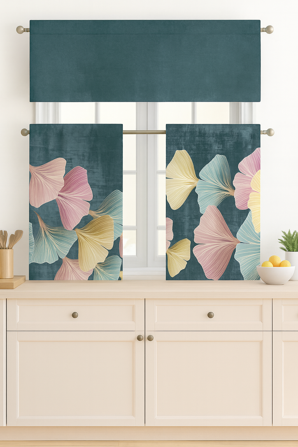 C&B Elegant Ginkgo Leaf Kitchen Curtain 3pcs