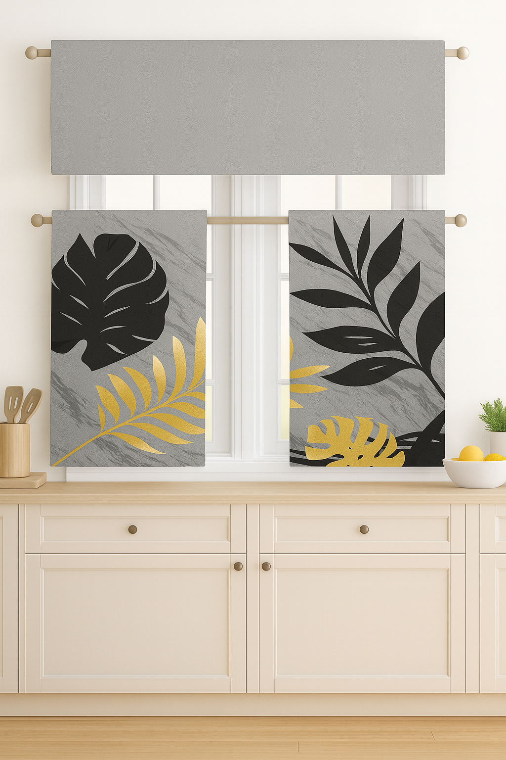C&B Golden Leaves – Kitchen Curtain Set (3 Pieces)
