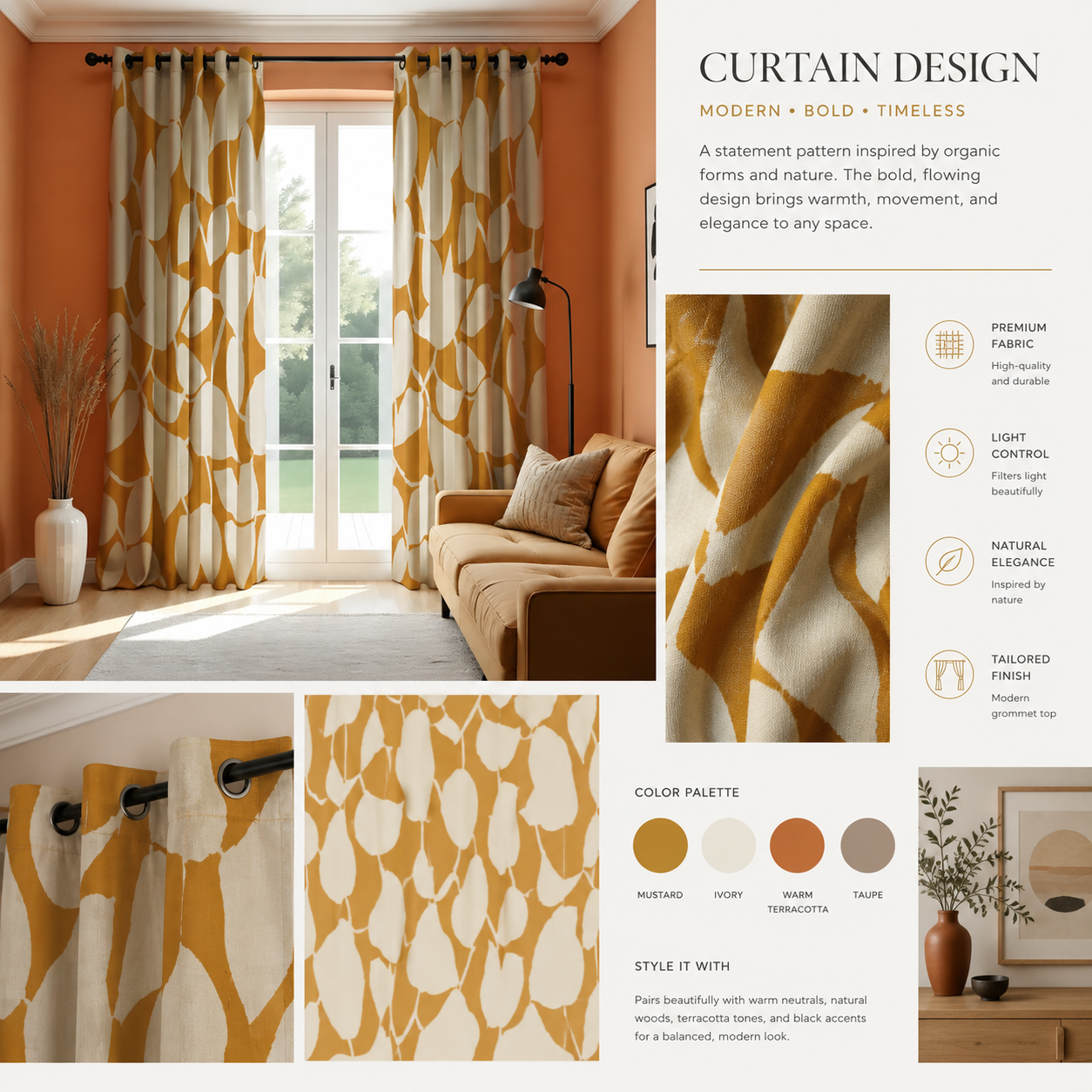 Golden Leaf Pattern Curtain