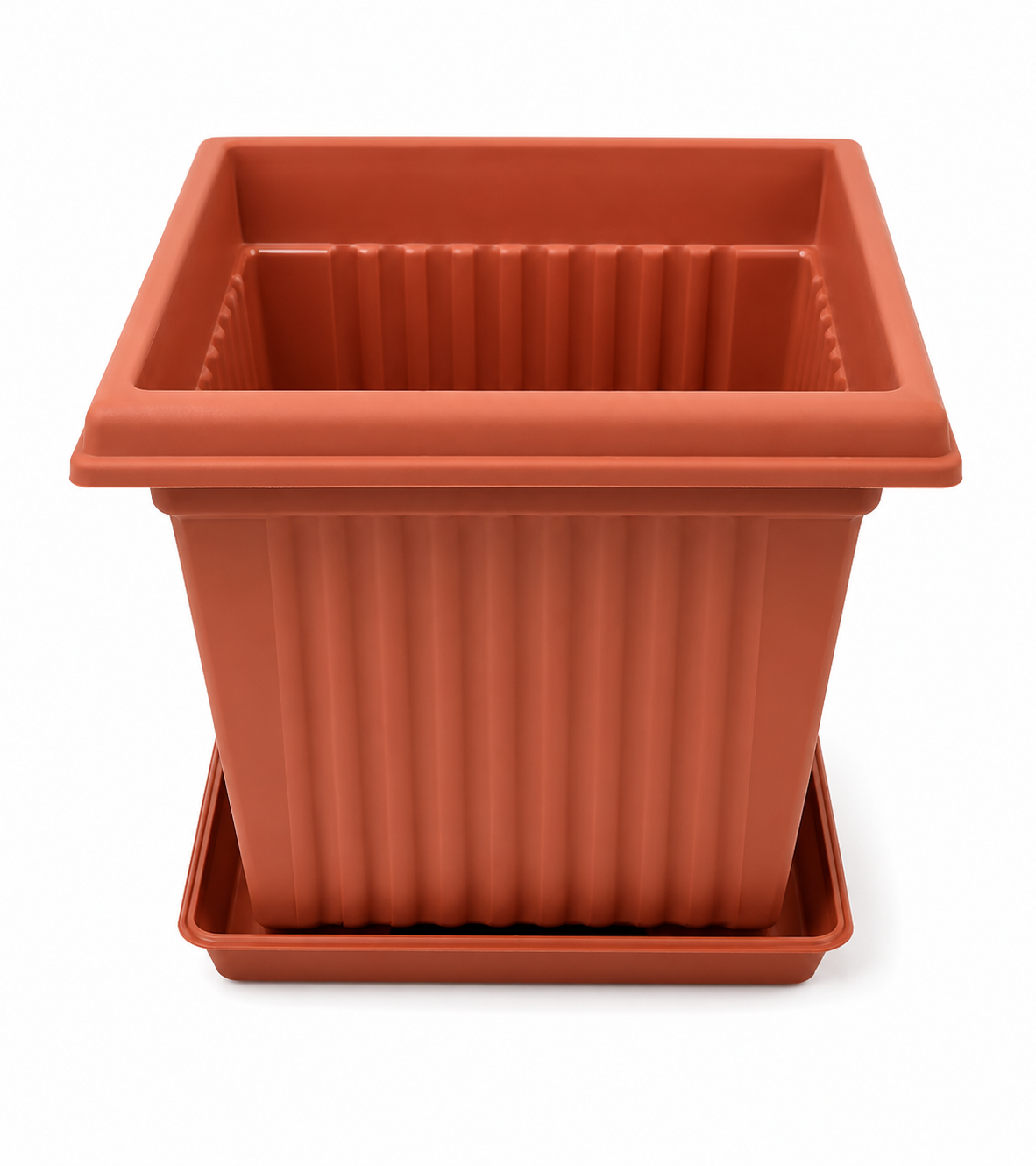 Square Ribbed Flower Pot with Saucer