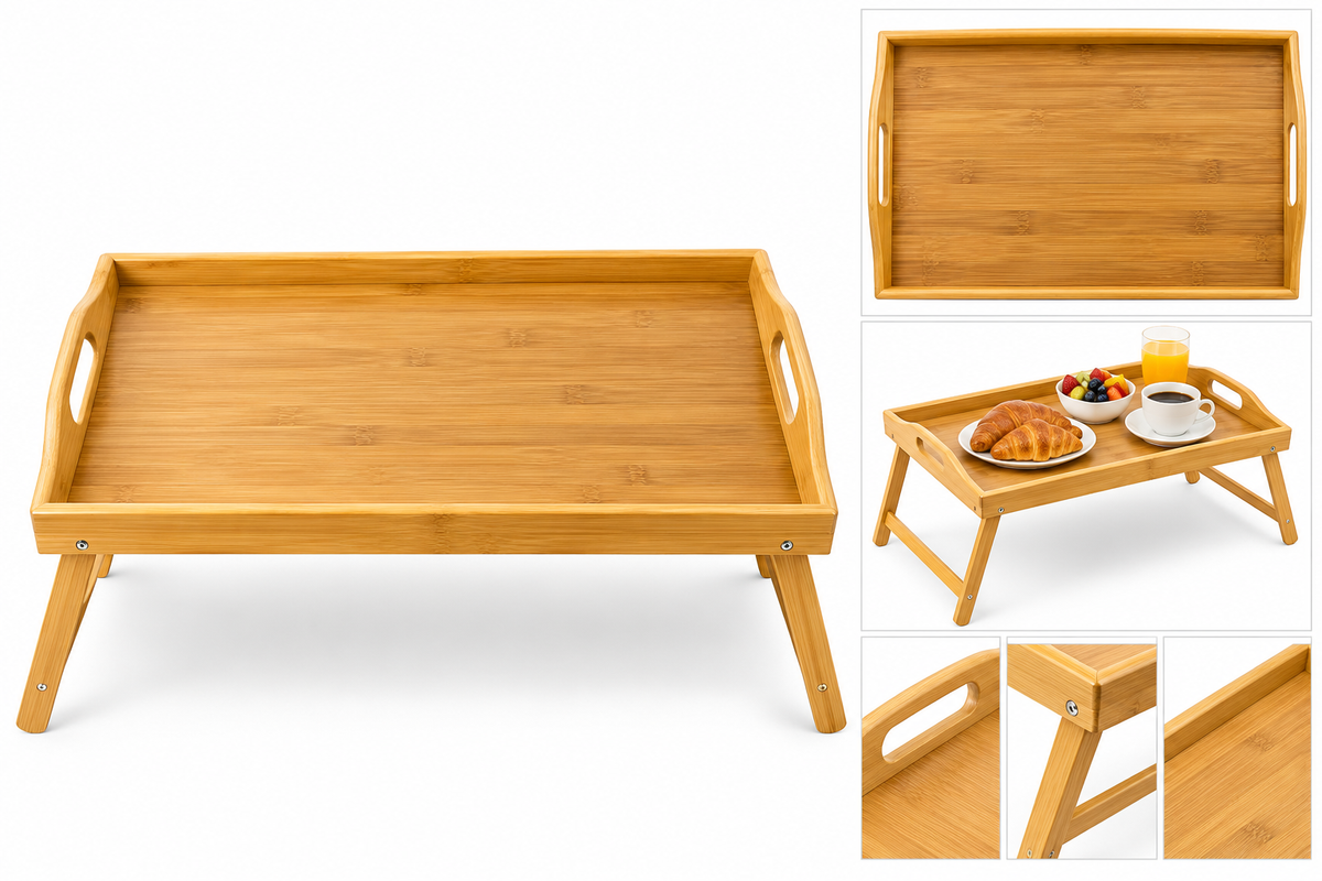 Bamboo folding breakfast tray table on white background