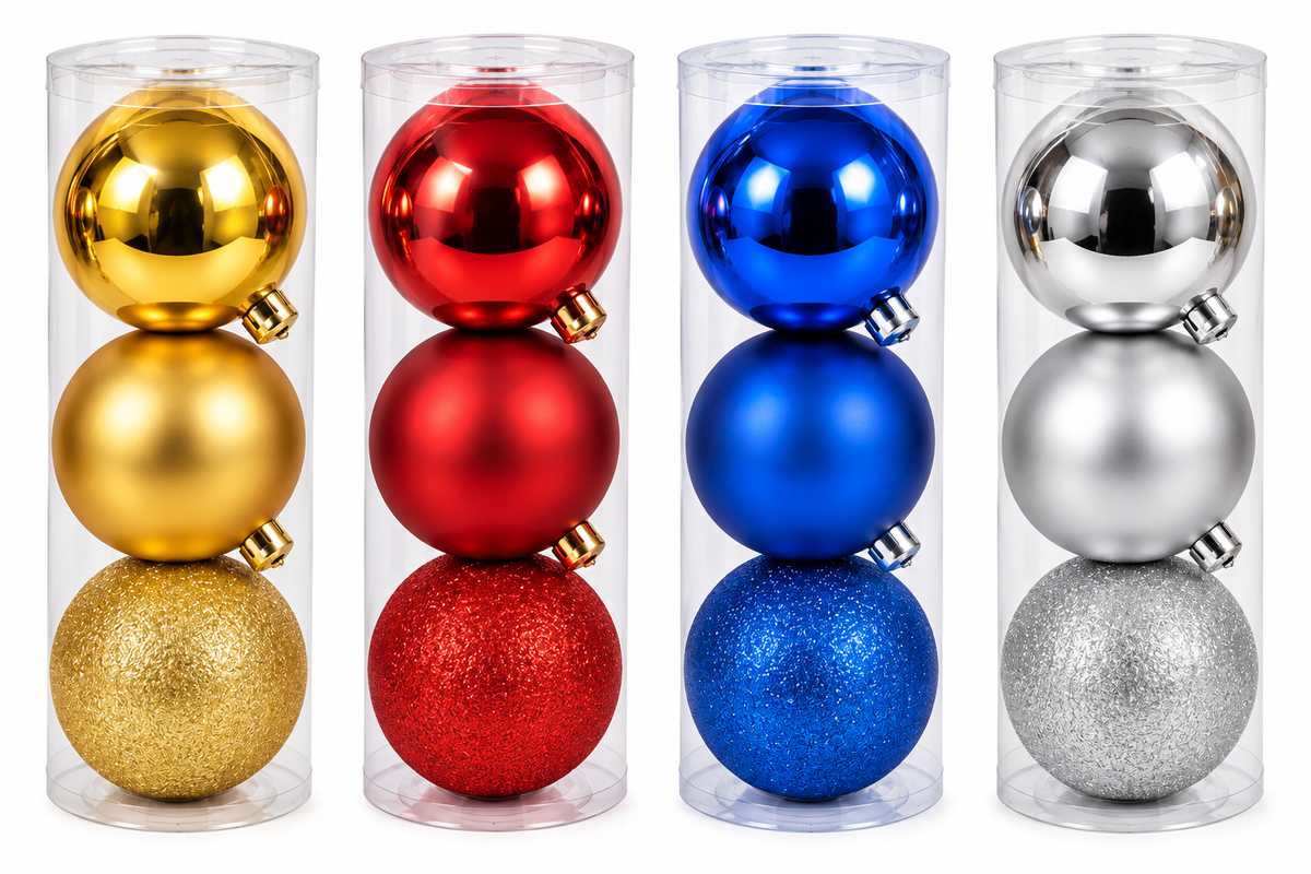 15cm Christmas ornament 3-pack gold red blue silver white background