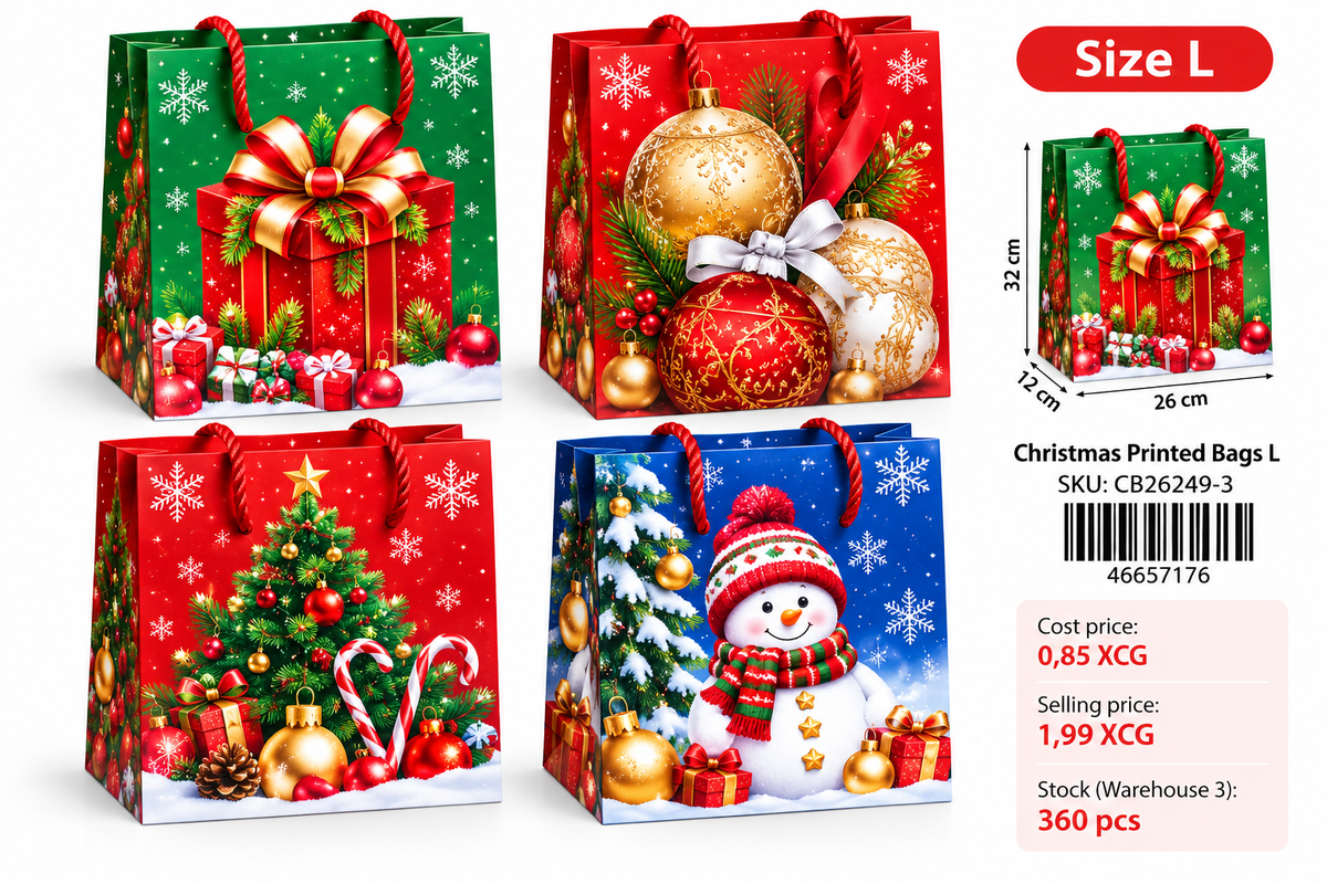 Four festive Christmas printed bags, size L