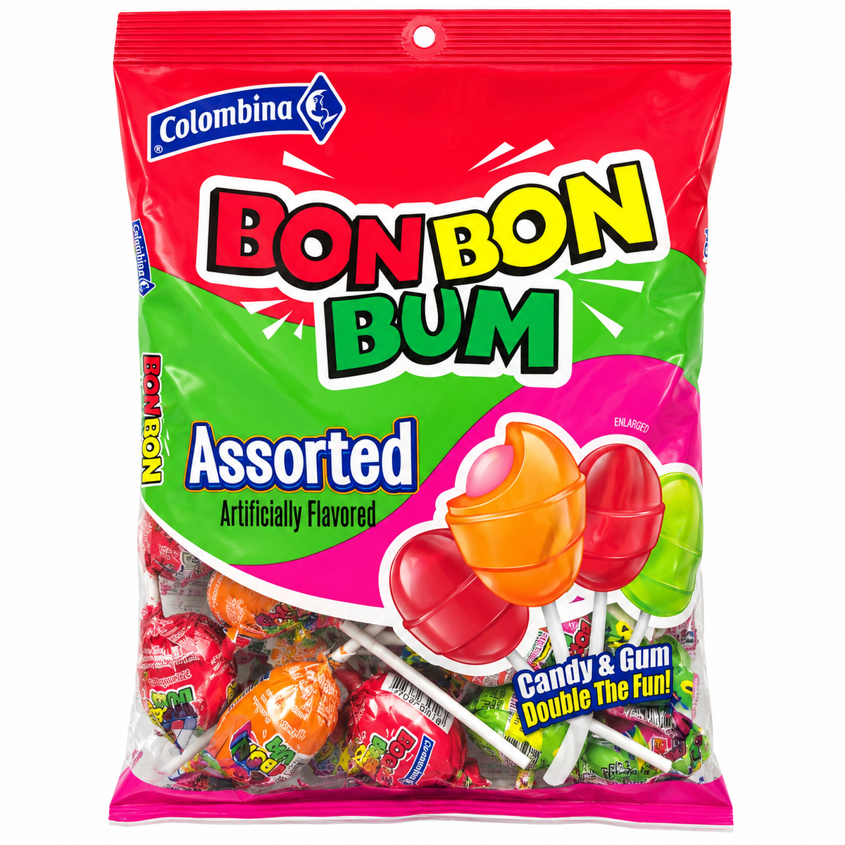 Colombina Bon Bon Bum Assorted bag on white background