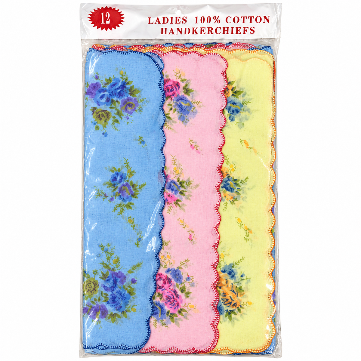 Ladies 100% cotton floral handkerchiefs, 12 pack, on a white background
