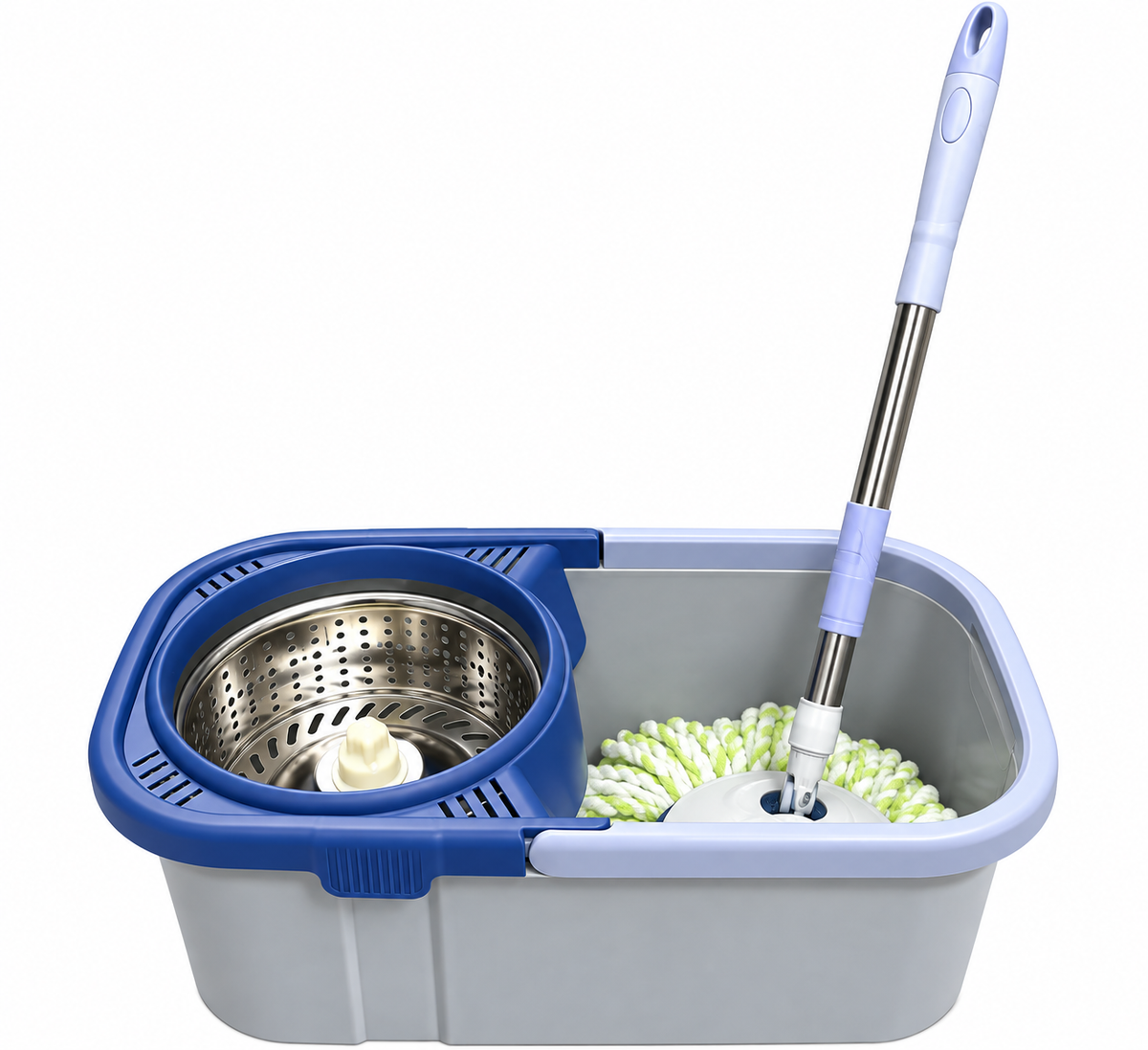 Spin mop and bucket set gray blue on white background
