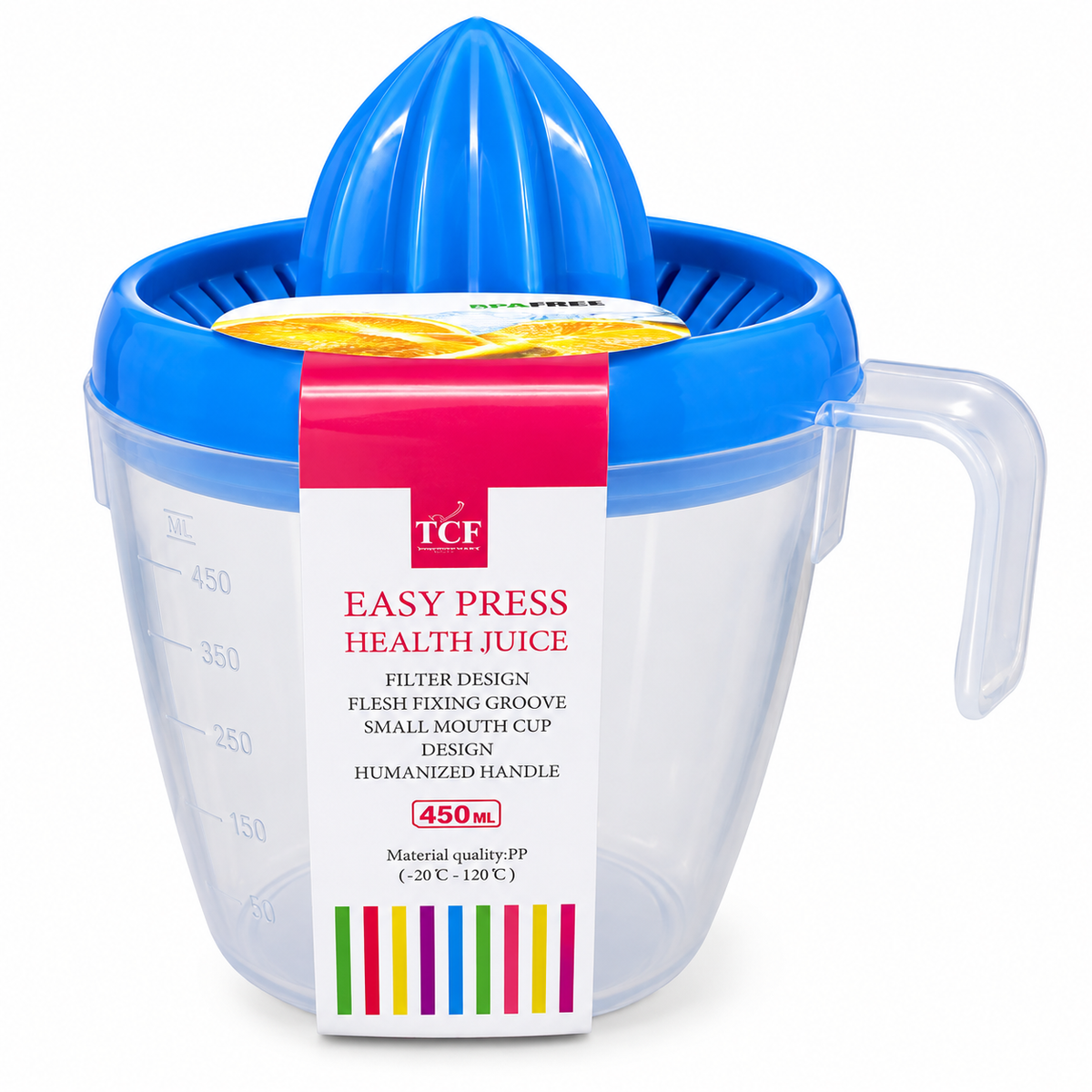 TCF 450ml manual citrus juicer blue, white background