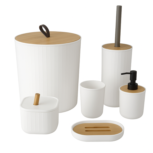 Piece Bathroom Accessory Set – White with Bamboo Accents