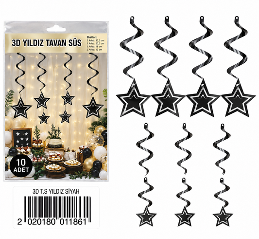 3D black star hanging ceiling decorations 10 piece set