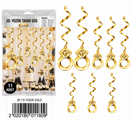 3D gold ring hanging ceiling decorations 11 piece set