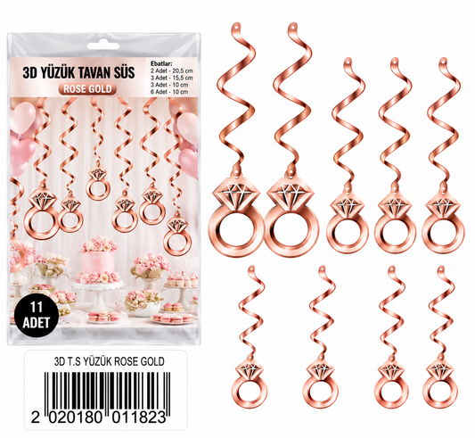 3D rose gold ring hanging ceiling decorations 11 piece set