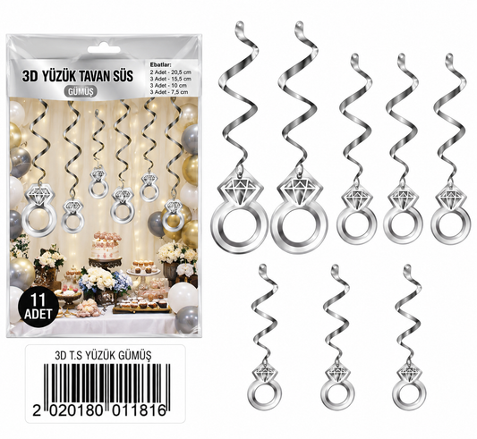 3D silver ring hanging ceiling decorations 11 piece set