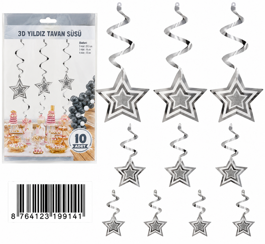 3D silver star hanging ceiling decorations 10 piece set