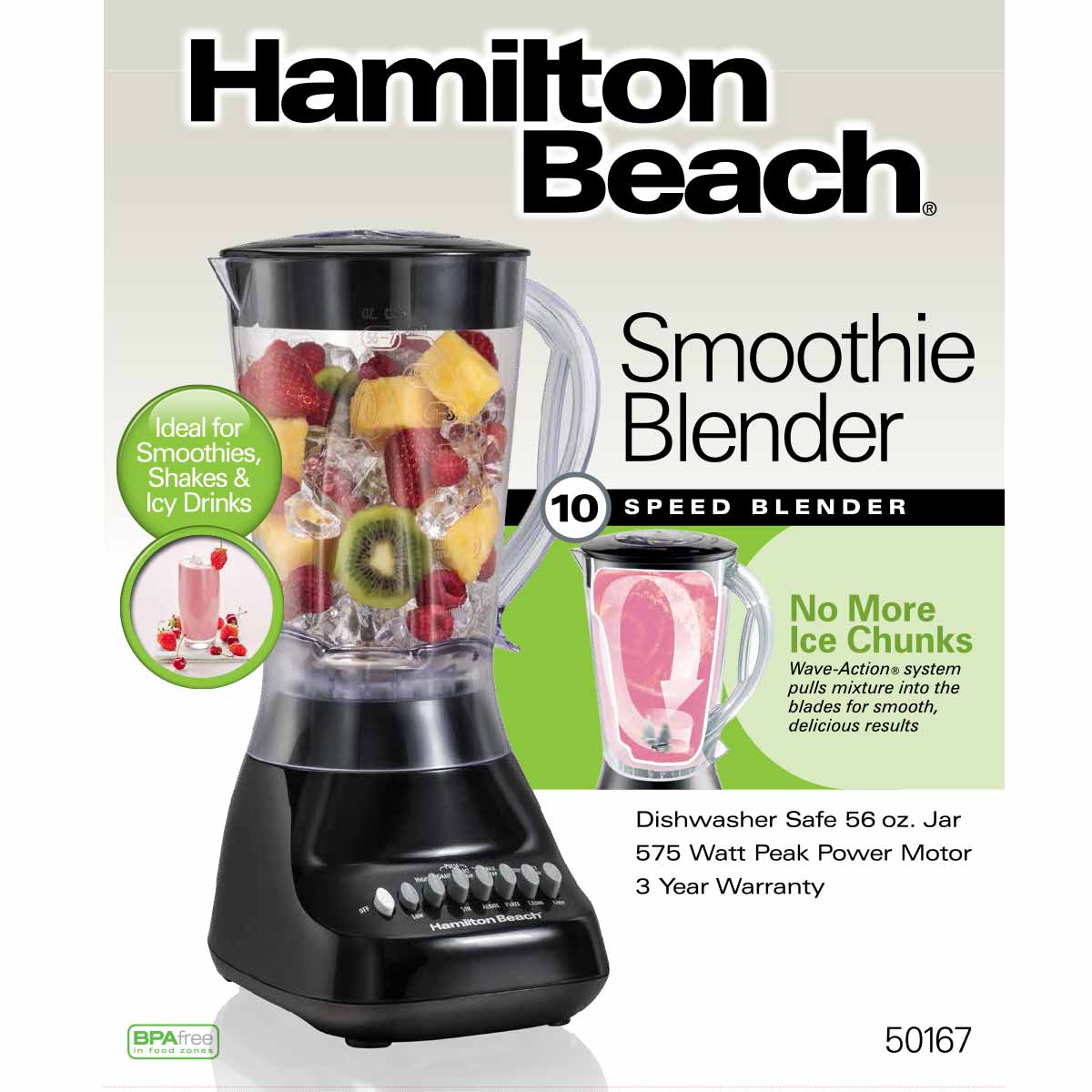 Hamilton Beach Smoothie Blender – 10 Speed, 575W, 56 oz Jar
