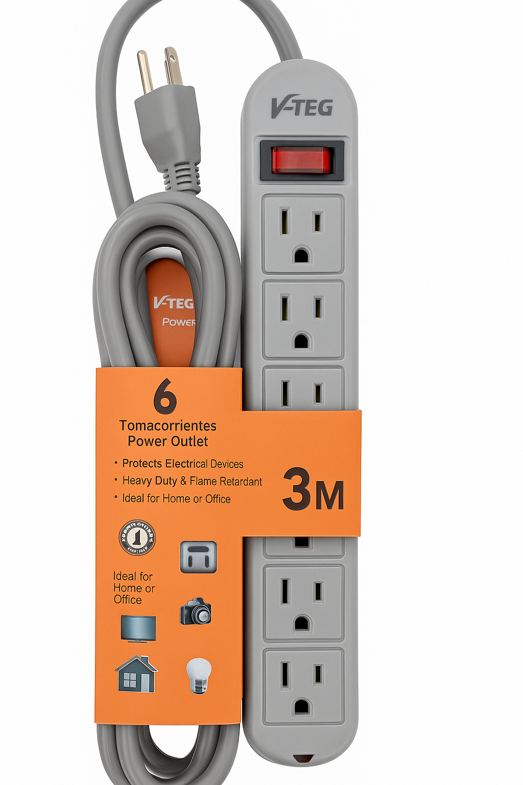 V-TEG 6-Outlet Power Strip with Surge Protection – 1M / 3M / 5M Cord Lengths