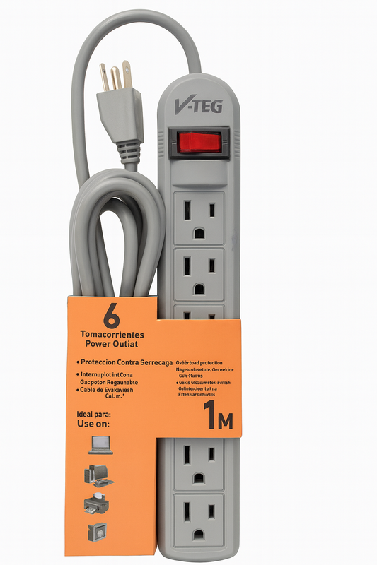 V-TEG 6-Outlet Power Strip with Surge Protection – 1M / 3M / 5M Cord Lengths