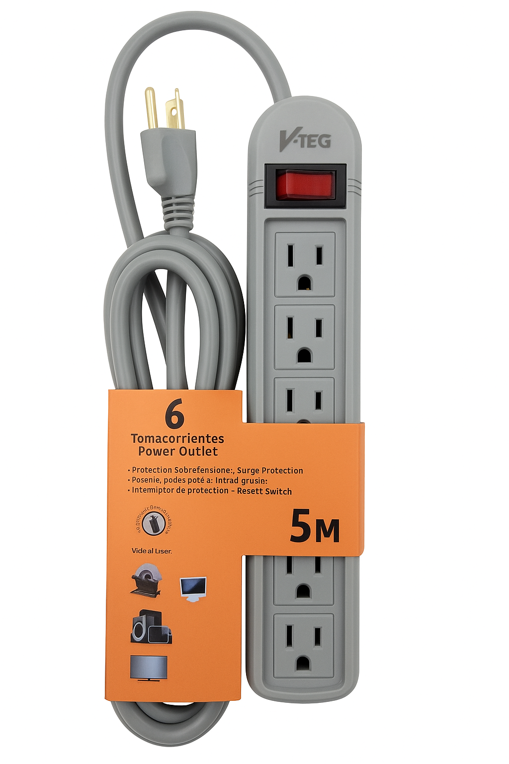 V-TEG 6-Outlet Power Strip with Surge Protection – 1M / 3M / 5M Cord Lengths