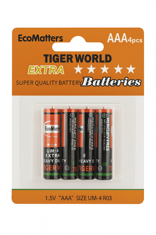 EcoMatters TIGER WORLD Extra AAA Batteries – 4-Pack