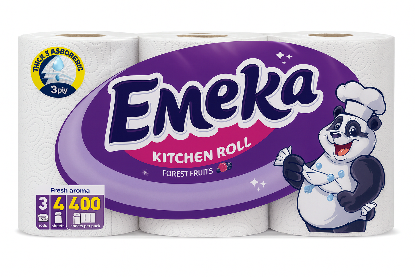Emeka Kitchen Roll – Forest Fruits | 3-Ply, 4 Rolls (400 Sheets Total)
