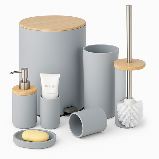 Bathroom Accessory Set – Gray with Bamboo Accents