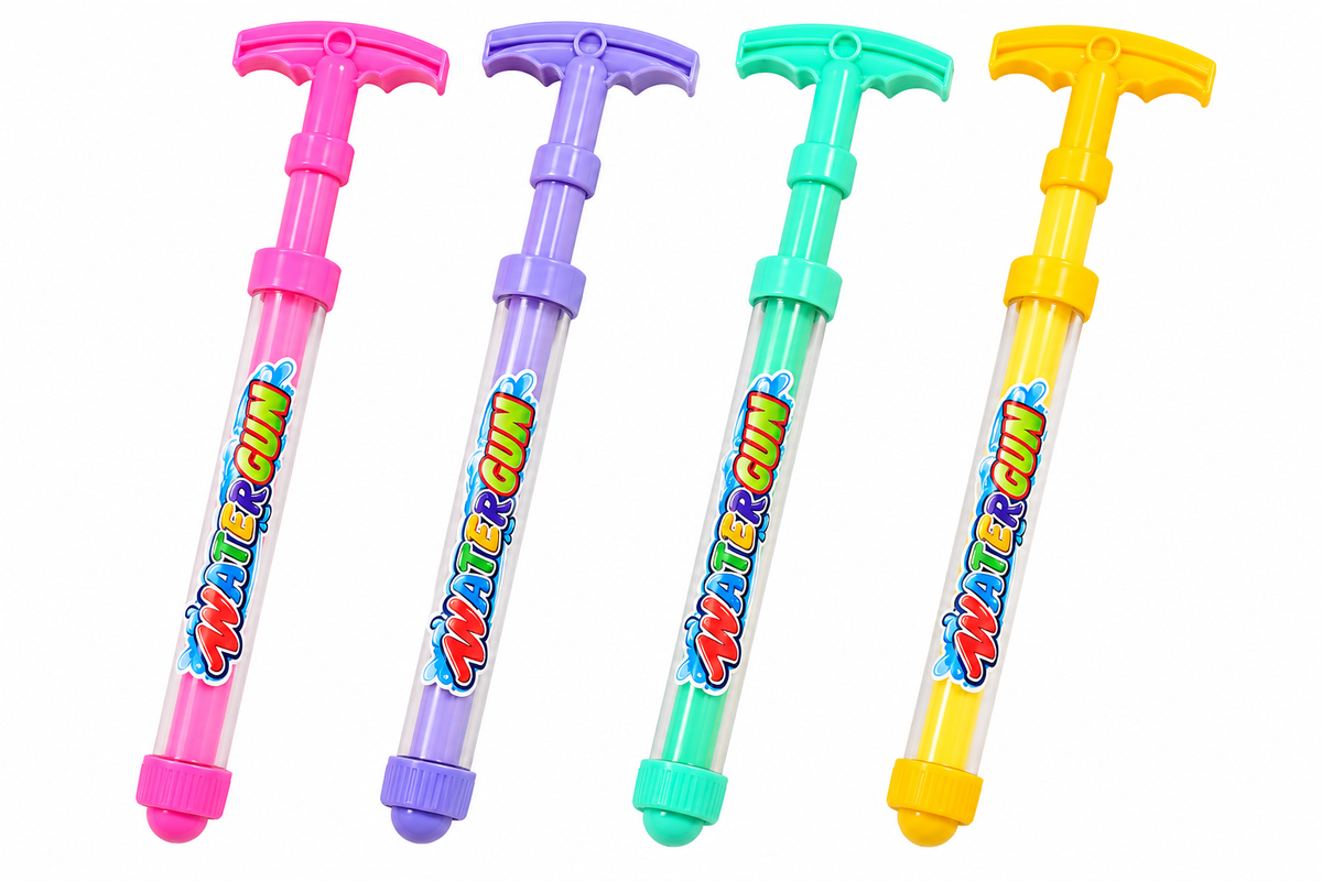 Pump action toy water guns in pink purple green and yellow on white background