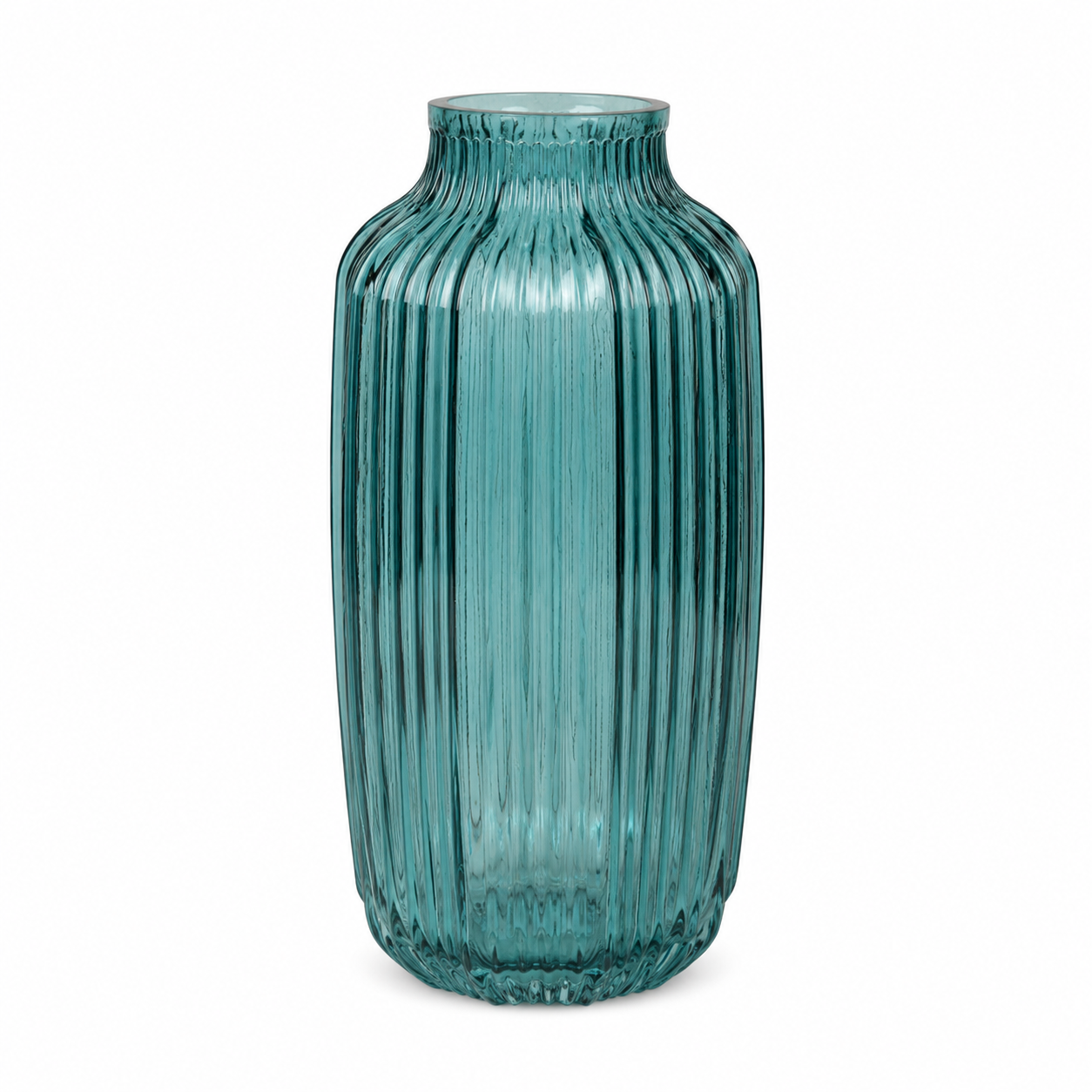 Teal Ribbed Glass Decorative Vase