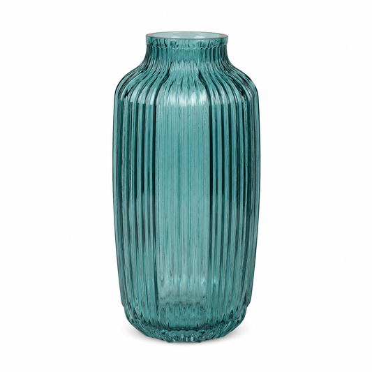 Teal Ribbed Glass Decorative Vase