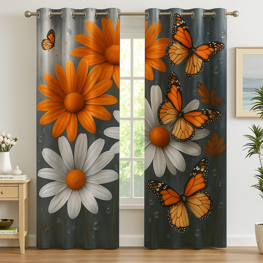 Blackout Curtain Orange and White Flower-6