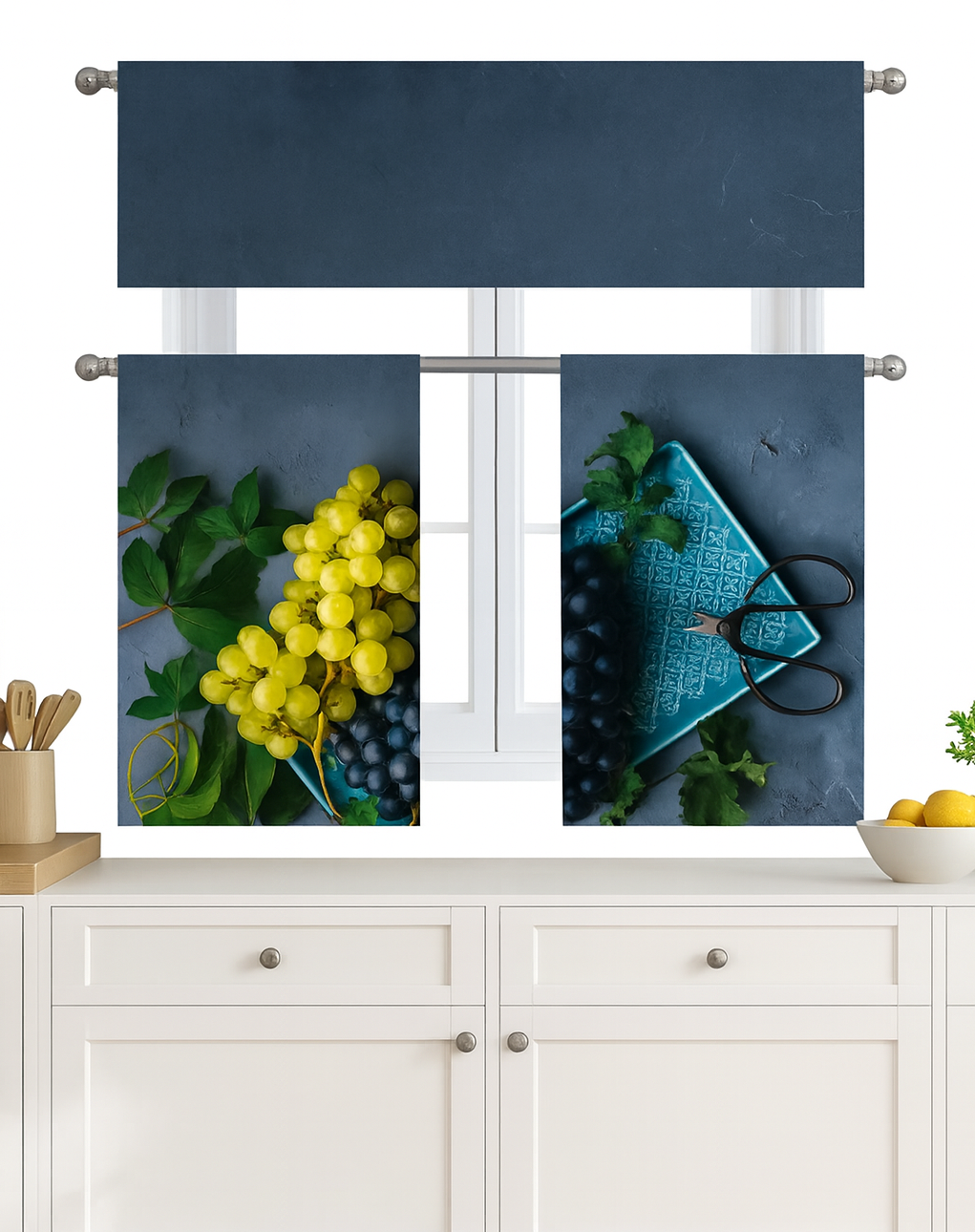 C&B Blue&Green Vineyard– Kitchen Curtain Set (3 Pieces)