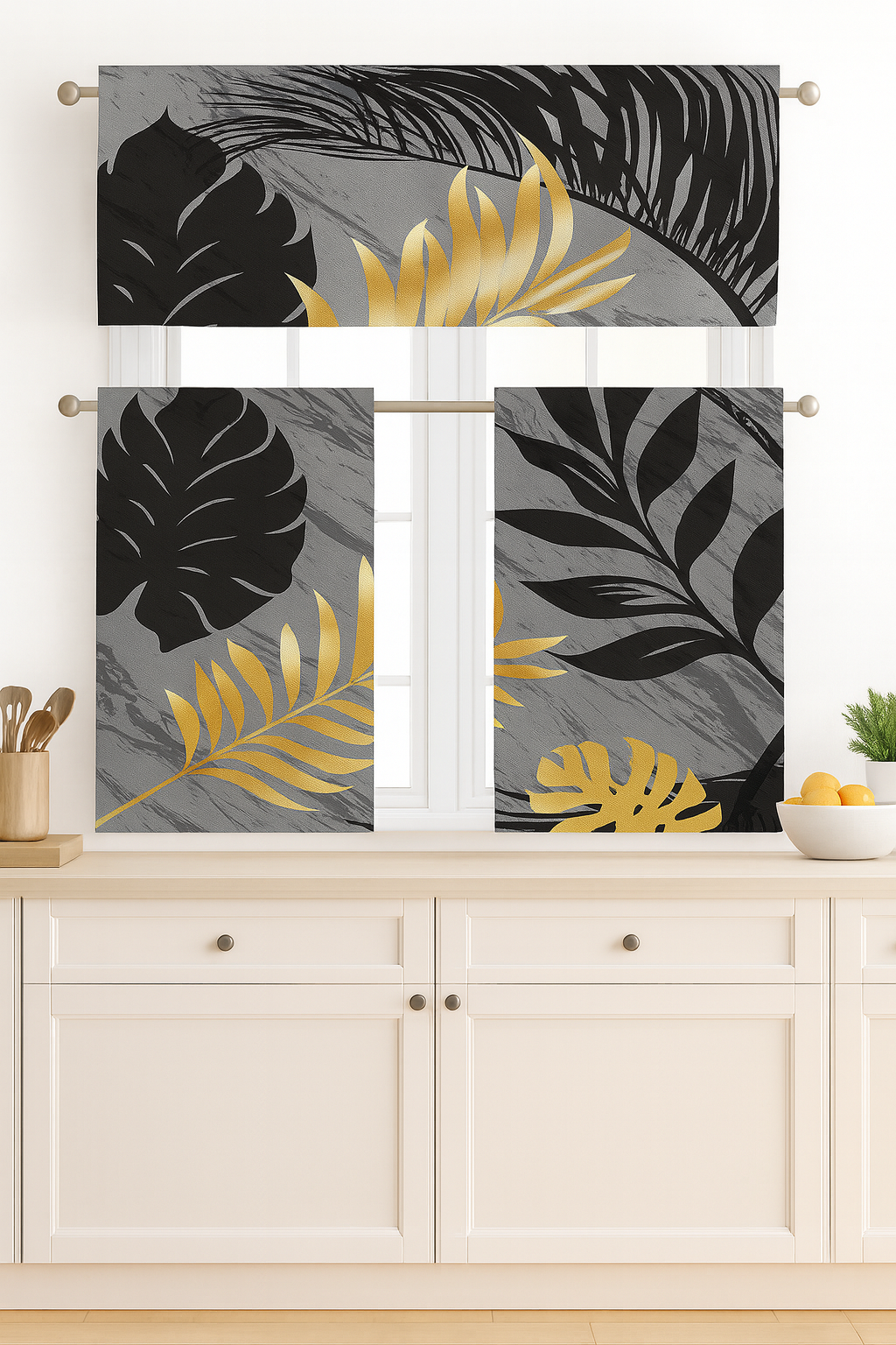 C&B Golden Leaves – Kitchen Curtain Set (3 Pieces)