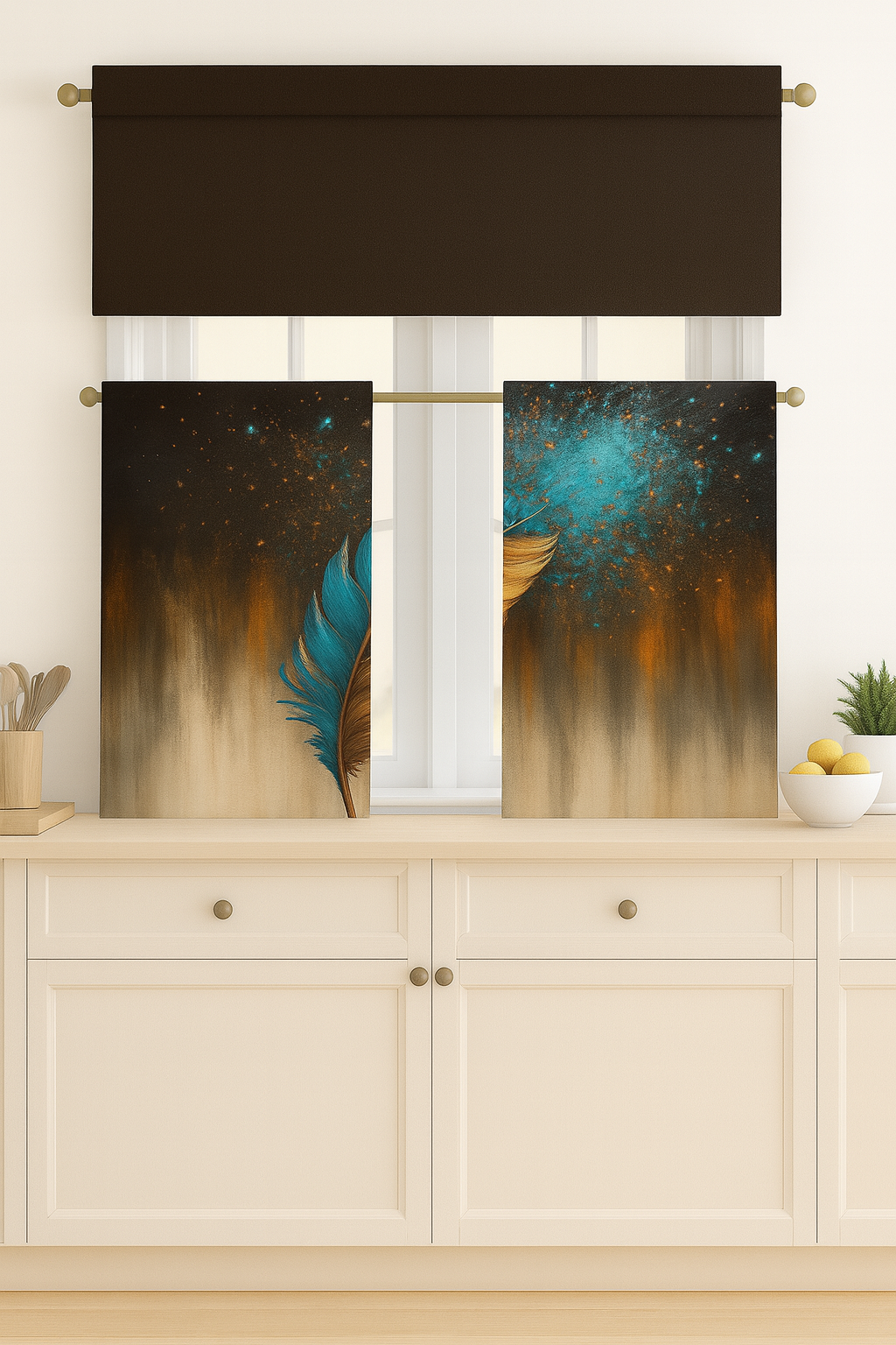 C&B Golden&Teal Feather Kitchen Curtain 3pcs