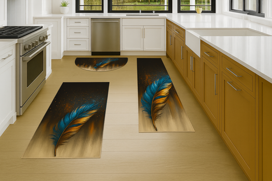 Golden & Teal Feather Kitchen Mat Set