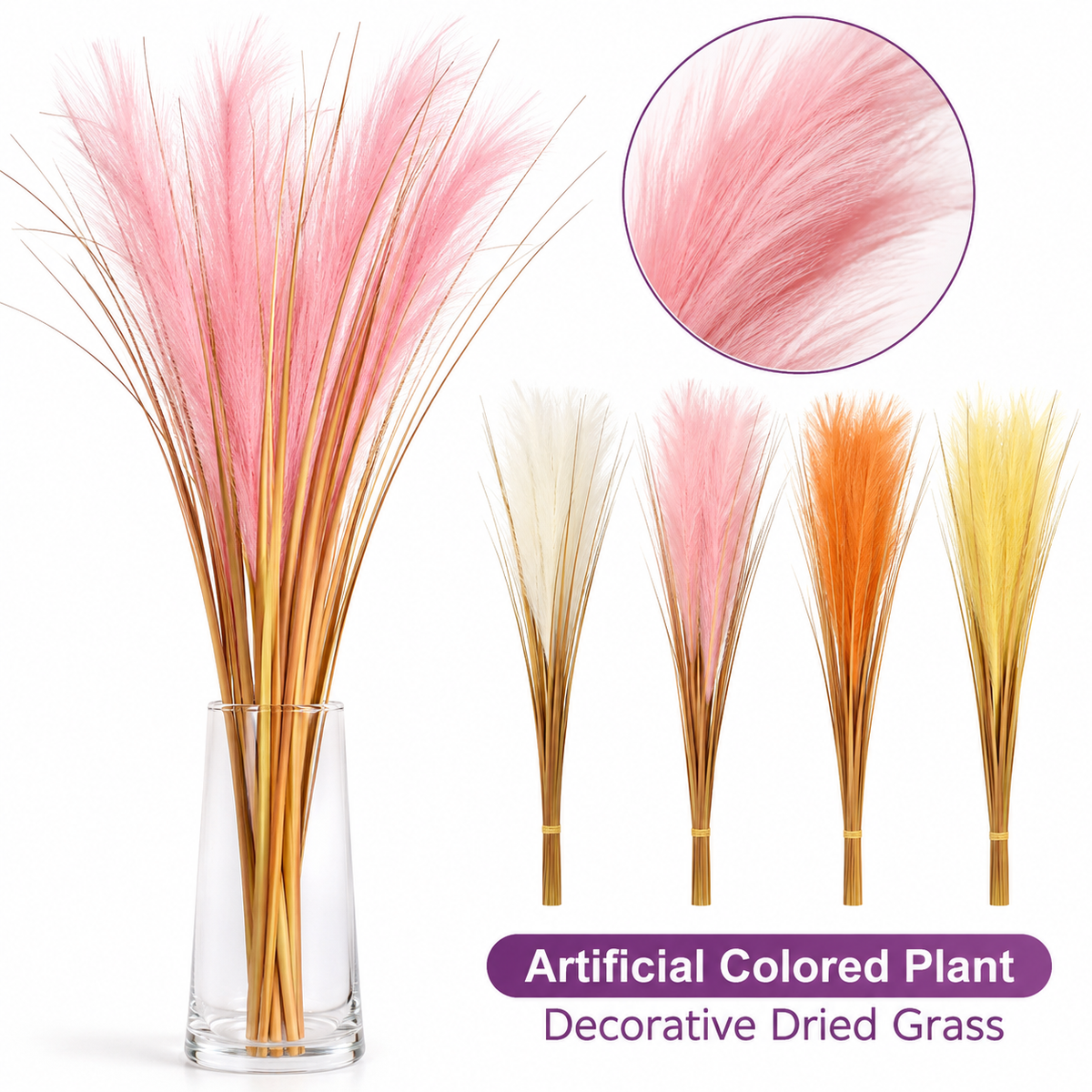 Artificial colored decorative grass white yellow pink orange on white background