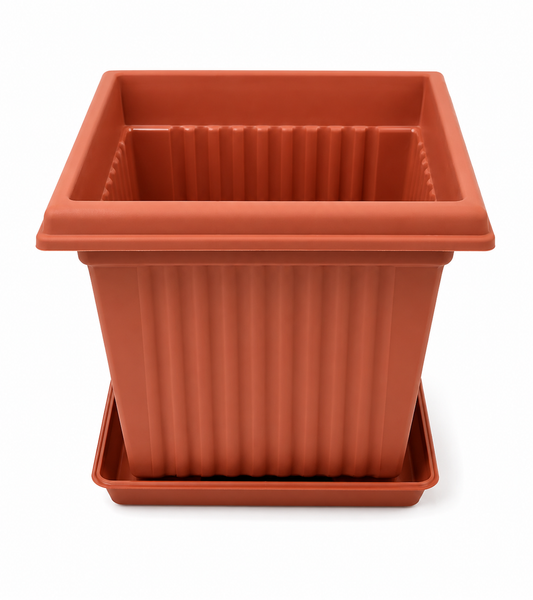 Square Ribbed Flower Pot with Saucer