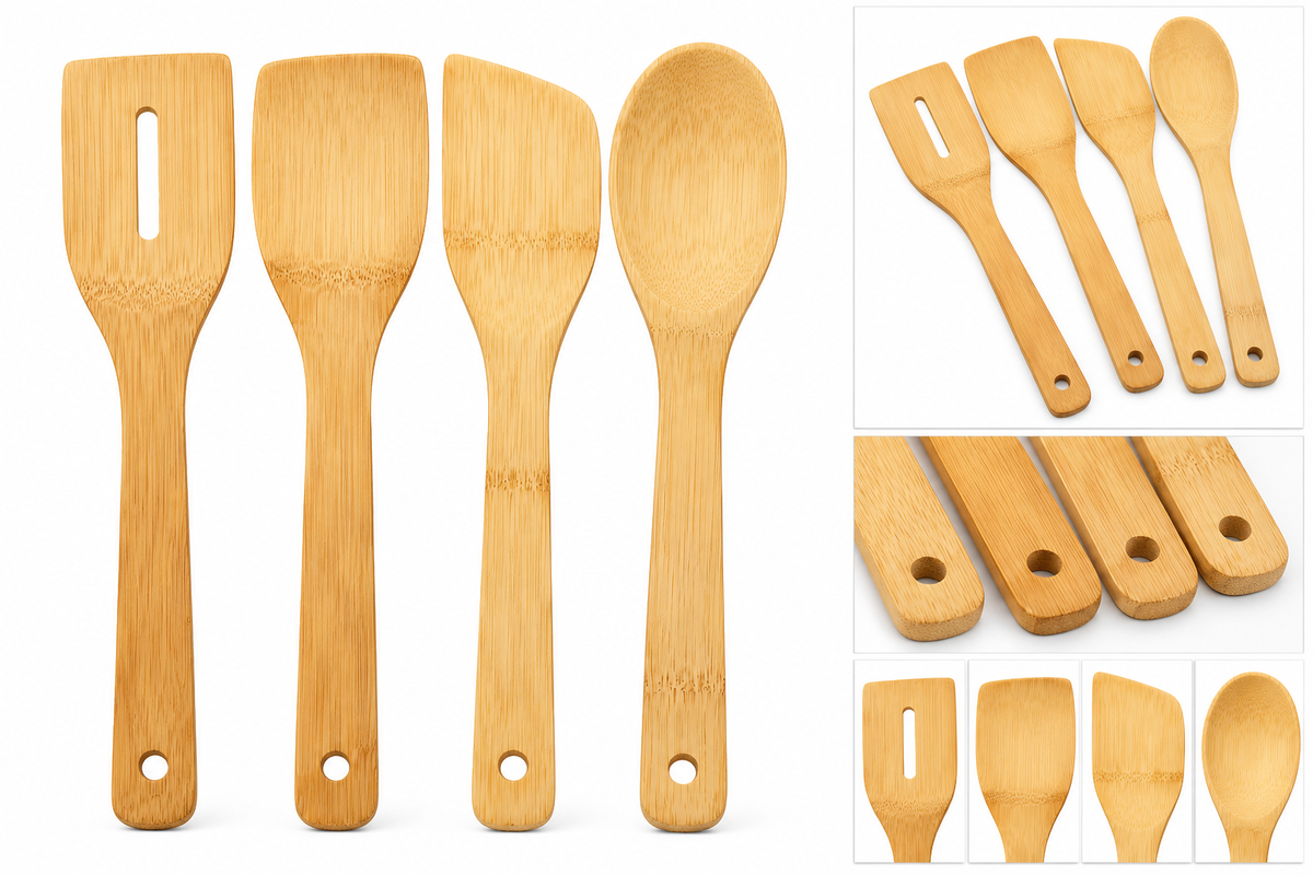 Four bamboo kitchen utensils on white background