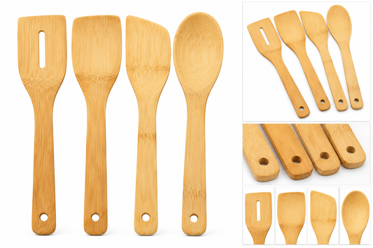 Four bamboo kitchen utensils on white background