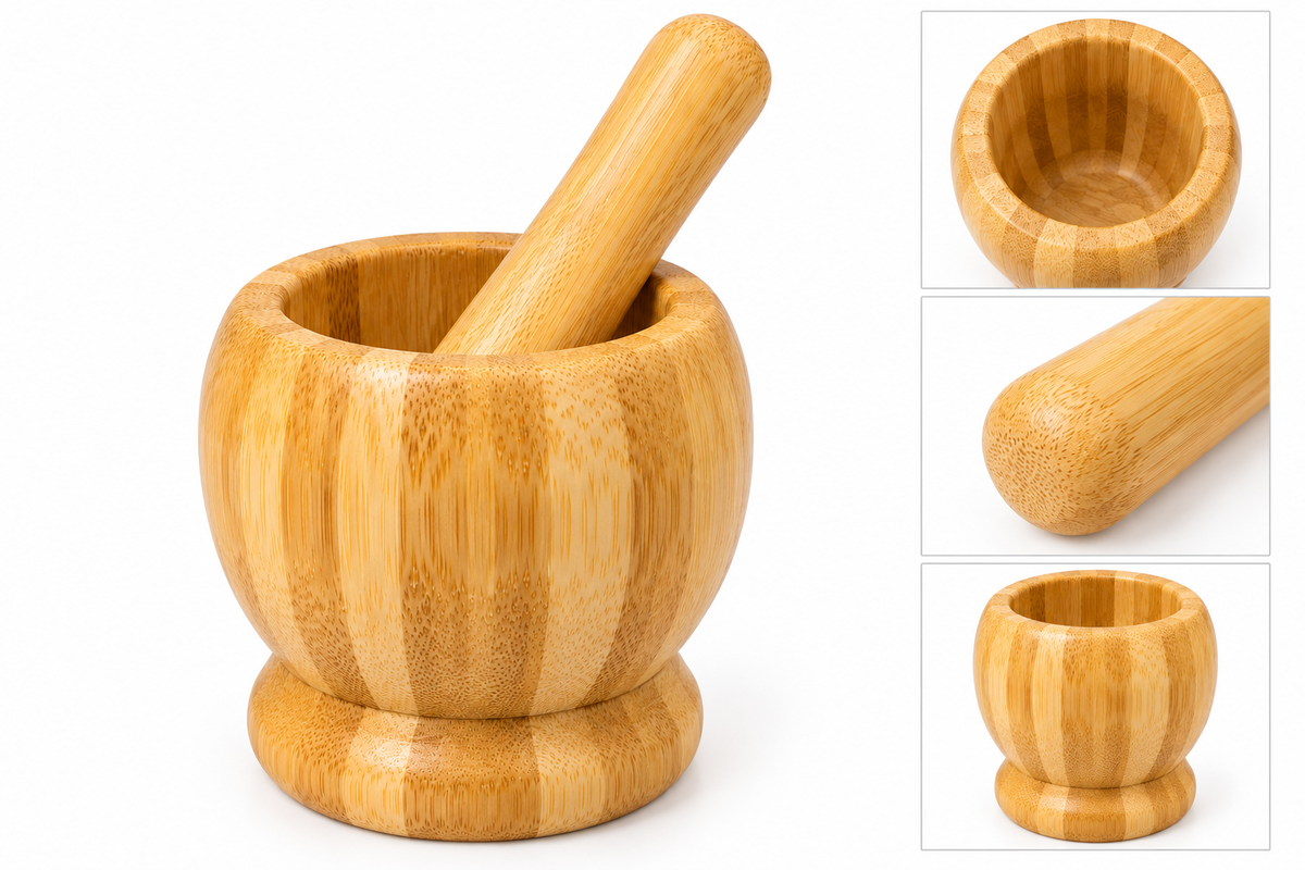 Bamboo mortar and pestle on white background without packaging
