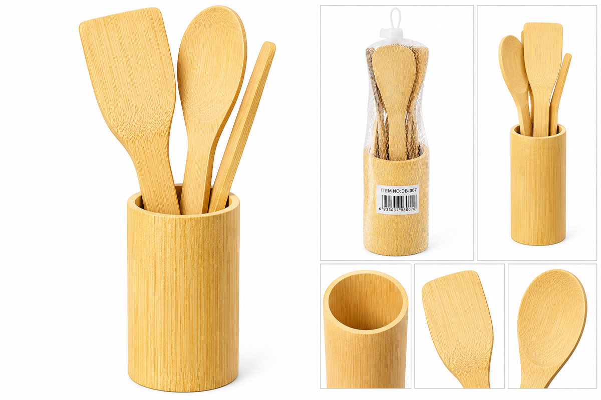 Bamboo kitchen utensils with holder on white background