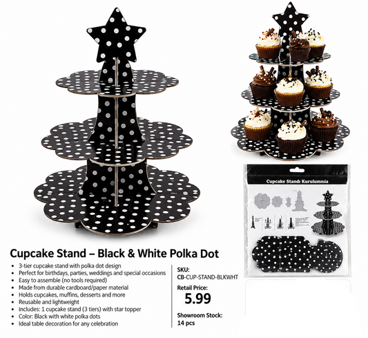 Black and white polka dot 3-tier cupcake stand