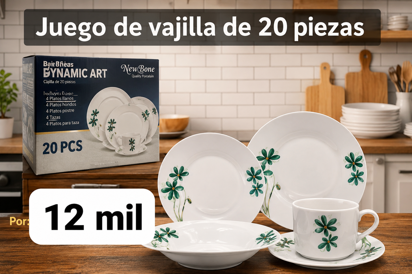 Juego de Vajilla de 20 Piezas – Porcelana con Diseño Floral