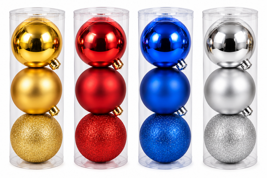 15cm Christmas ornament 3-pack gold red blue silver white background