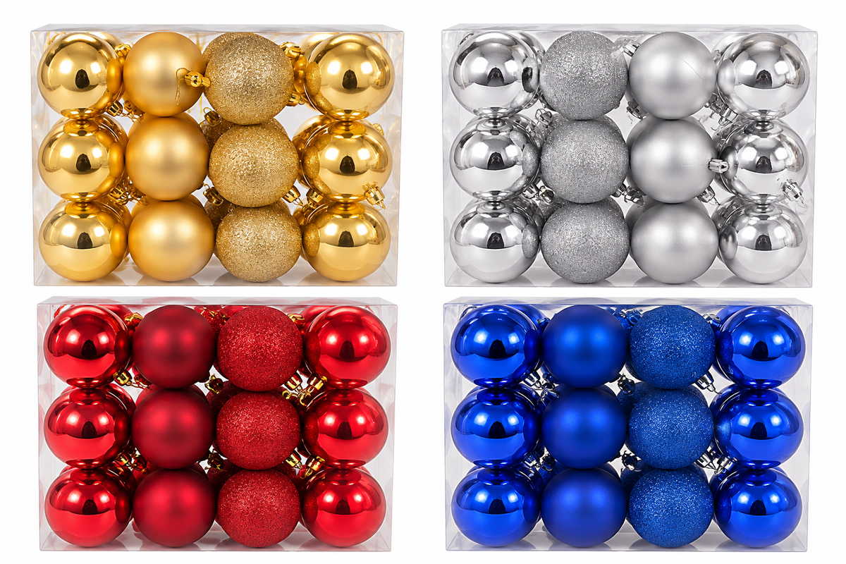 Christmas ornaments 8cm assorted gold silver red blue white background