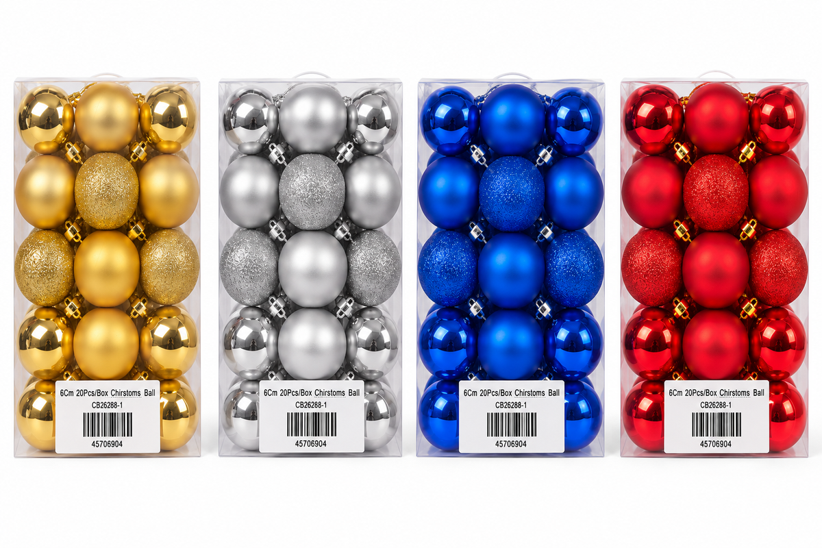 Christmas balls 6 cm 20 per box, gold silver blue and red