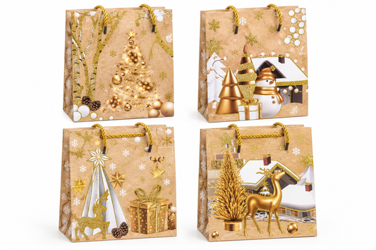Four Christmas gold gift bag designs on white background